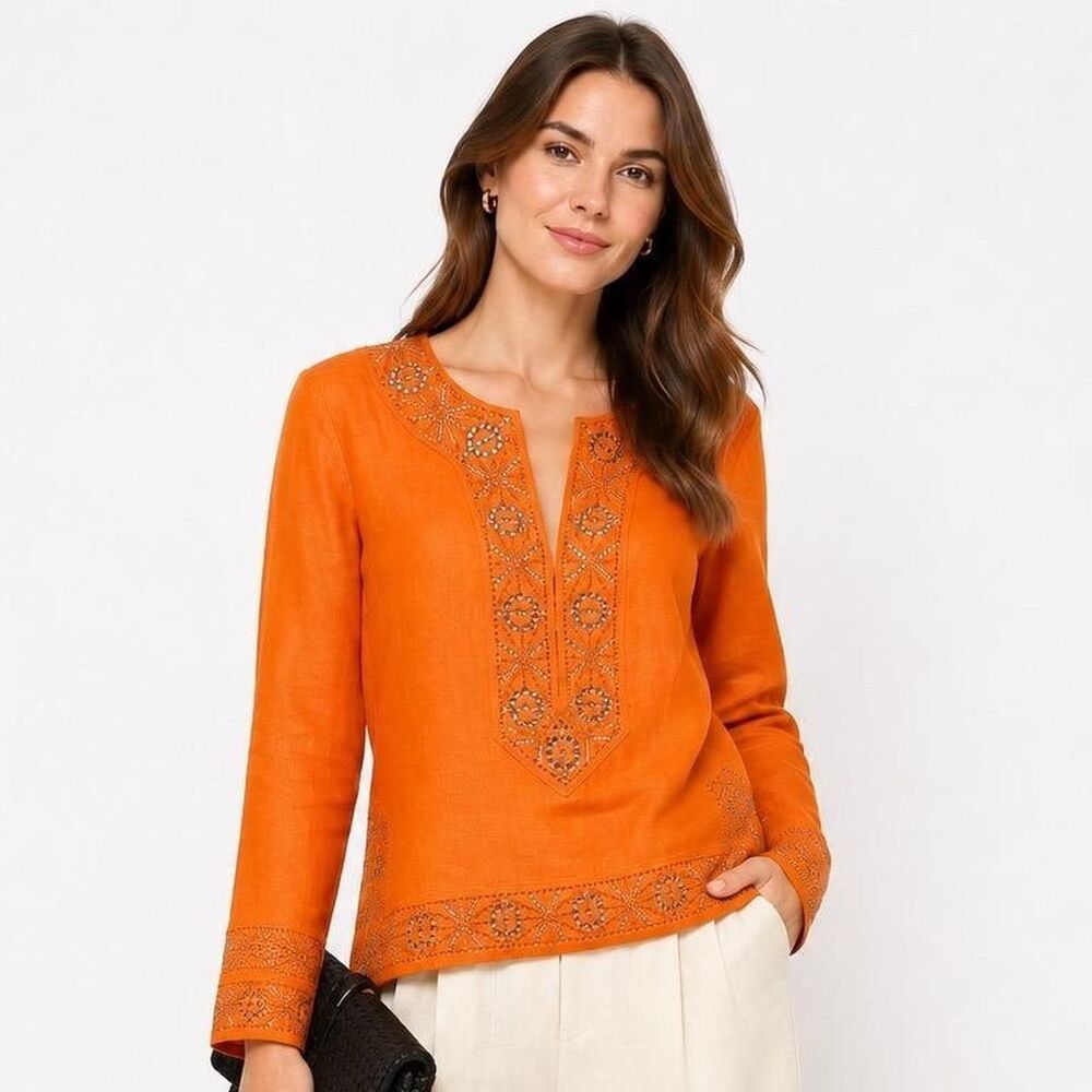 Tory Burch Orange 100% Linen Embellished Crystal Tunic Top Size 8